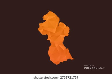 Mapa de Guyana: Vector de polígono bajo, silueta triangulada geométrica en tonos naranja y marrón oscuro, estilo infográfico moderno y limpio, fondo aislado.