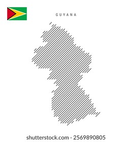 Guyana map from pattern of black slanted parallel lines. Guyanese map with gray diagonal lines. Silhouette of a country made of oblique hatching. Vector illustration isolated on white.