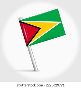 Guyana map pin flag icon. Guyanese pennant map marker on a metal needle. 3D realistic vector illustration.