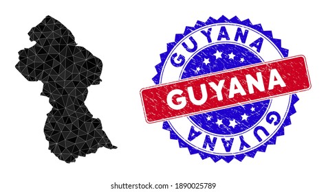 Guyana map polygonal mesh with filled triangles, and rough bicolor stamp. Triangle mosaic Guyana map with mesh vector model, triangles have different sizes, and positions, and color hues.