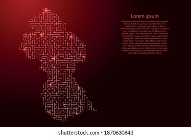 Guyana map from red pattern of the maze grid and glowing space stars grid. Vector illustration.
