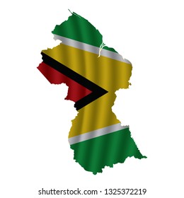 Guyana map with rippled flag on white illustration. Waving Fabric Flag Map of Guyana. Map of South America. Vector White Background. Vector illustration eps10.