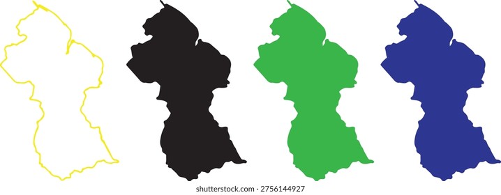 Guyana Map Silhouette Set - Multi-Color Vector Outline Icons of Guyanese Republic Geography for Infographics and Design