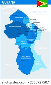 Guyana Map Vector Blue Spot - Customizable layered political map of Guyana with administrative divisions for website, education, reports, news, politics, print, poster and wallpaper