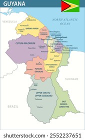 Guyana Map Vector New 2024 Colorful - Customizable layered political map of Guyana with administrative divisions for website, education, reports, news, politics, print, poster and wallpaper