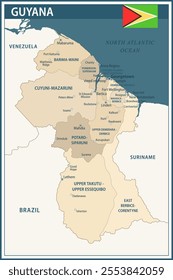 Guyana Map Vector Vintage Dark Blue Beige - Customizable layered political map of Guyana with administrative divisions for website, education, reports, news, politics, print, poster and wallpaper