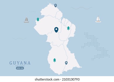 Guyana Map - World Map International vector template High detailed with white color isolated on blue background including simple point of location, tree, boat icon - Vector illustration eps 10
