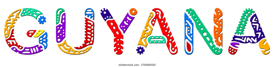 Guyana. Multicolored bright contrast isolate inscription. Colored curves doodle letters. Guyana for print on clothing, t-shirt, souvenir, booklet, banner, flyer, card. Stock vector picture.