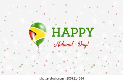 Guyana National Day patriotic poster. Flying Rubber Balloon in Colors of the Guyanese Flag. Guyana National Day background with Balloon, Confetti, Stars, Bokeh and Sparkles. svg