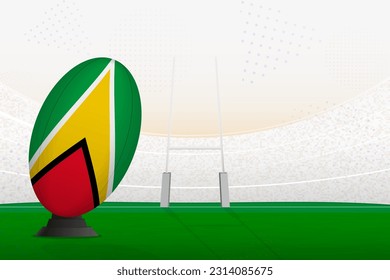 Selección nacional de rugby de Guyana en el estadio de rugby y puestos de gol, preparándose para un penal o patada libre. Ilustración vectorial.