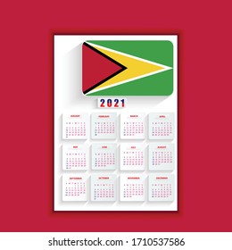 Guyana New year  poster template design, new year 2021 calendar design, 2021 calendar, annual calendar 2021, One Page Wall Calendar 2021