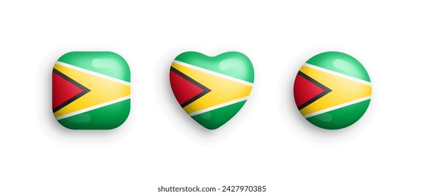 Guyana Official National Flag 3D Vector Glossy Icons In Rounded Square, Heart And Circle Shapes Isolate On White. Guyanese Sign And Symbols Graphic Design Elements Three Dimensional Buttons Collection svg
