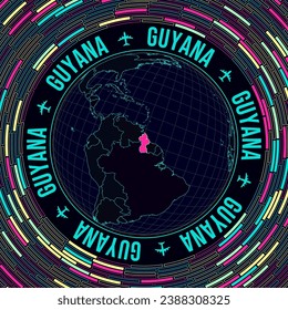 Guyana en el mundo. La visión satelital del mundo se centró en Guyana. Brillante estilo neón. Fondo de ladrillos radiales futuristas. Ilustración vectorial de moda.