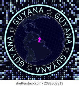Guyana on globe vector. Futuristic satelite view of the world centered to Guyana. Geographical illustration with shape of country and squares background. Bright neon colors on dark background.