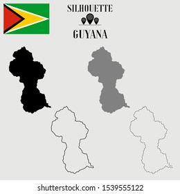Guyana outline world map, solid, dash line contour silhouette, national flag vector illustration design, isolated on background, objects, symbol from countries set