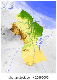 Guyana. Physical vector map, colored according to elevation, with rivers and selected cities. Surrounding territory greyed out. 58 layers, fully editable.