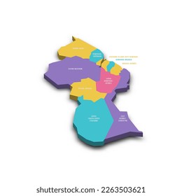 Guyana political map of administrative divisions - regions. Colorful 3D vector map with dropped shadow and country name labels.