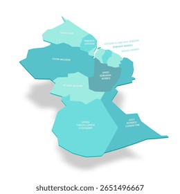 Guiana mapa político de divisões administrativas - regiões. Mapa de vetor turquesa 3D com rótulos de nome.