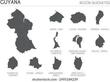 Guyana region silhouettes set and blank map of the country isolated on white background. Vector illustration design
