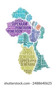 Guyana region word cloud in the shape of the country. Colorful illustration featuring region names in a collage design. Vector artwork.