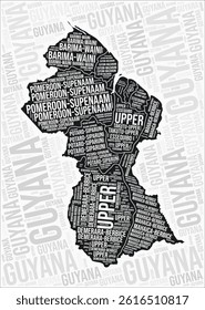 Guyana regions map word cloud. Guyana region names. Black and white map design. Vibrant vector illustration.