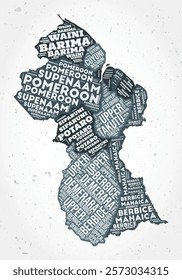 Guyana regions word cloud in the shape of the country on a textured background. Typographic design in vibrant vector illustration.