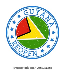 Guyana reopening stamp. Round badge of country with flag of Guyana. Reopening after lockdown sign. Vector illustration.