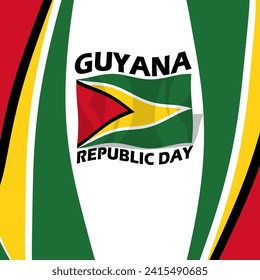 Guyana Republic Day event banner. Guyana flag with ribbons and bold text on white background to commemorate on February 23