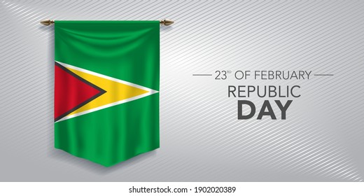 Guyana republic day greeting card, banner, vector illustration. Guyanese national day 23rd of February background with pennant