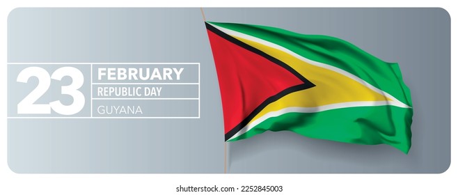 Guyana republic day greeting card, banner vector illustration. Guyanan national holiday 23rd of February design element with 3D waving flag on flagpole