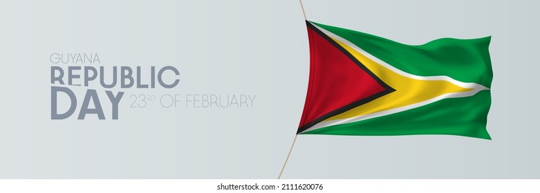 Cartel vectorial del día de la república de Guyana, tarjeta de saludo. Bandera ondulada de Guyanan en el 23 de febrero Día nacional patriótico diseño horizontal