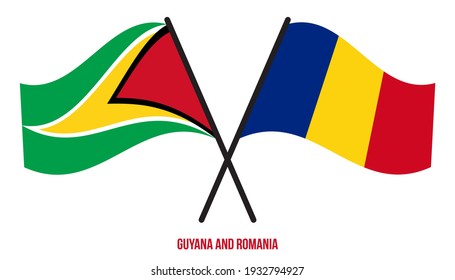 Guyana and Romania Flags Crossed And Waving Flat Style. Official Proportion. Correct Colors.