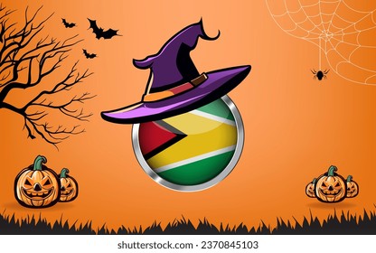 guyana round flag with Happy Halloween banner or party invitation background. bats, spiders and pumpkins, orange background