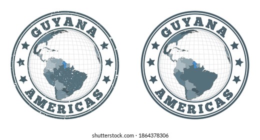 Guyana round logos. Circular badges of country with map of Guyana in world context. Plain and textured country stamps. Vector illustration.