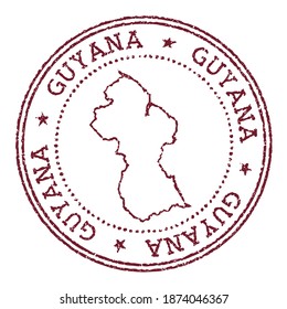 Guyana round rubber stamp with country map. Vintage red passport stamp with circular text and stars, vector illustration..