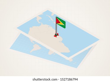 Guyana selected on map with isometric flag of Guyana. Vector paper map.