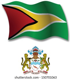 guyana shadowed textured wavy flag and coat of arms against white background, vector art illustration, image contains transparency transparency