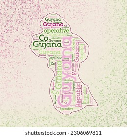 Guyana da forma a la nube de palabras de nombres de países en múltiples idiomas. Mapa fronterizo de Guyana con triángulos vibrantes esparcidos por todos lados. Ilustración vectorial atractiva.