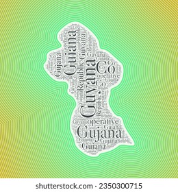 Guyana shape formed by country name in multiple languages. Guyana border on stylish striped gradient background. Vibrant poster. Vibrant vector illustration.