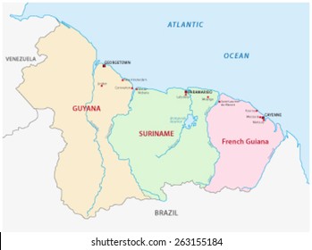 guyana, suriname, french guiana map 