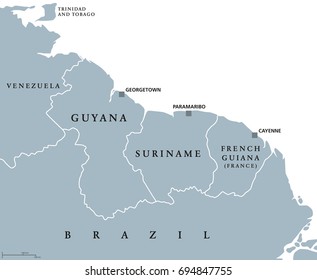 Guyana, Suriname and French Guiana political map with capitals Georgetown, Paramaribo and Cayenne. English labeling. Also the Guayanas, a region in northern South America. Gray illustration. Vector.