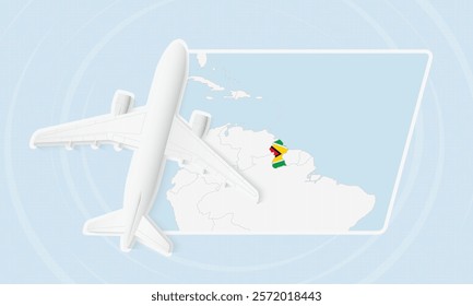 Guyana Travel Illustration with Plane and National Flag. Ideal for travel agencies, promotional materials, or geographic content related to Guyana.