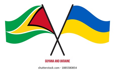 Guyana and Ukraine Flags Crossed And Waving Flat Style. Official Proportion. Correct Colors.