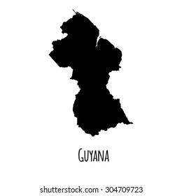 Guyana vector black outline map with caption on white background. 