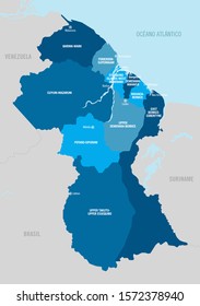 Guyana vector map with separated provinces, departments and capitals. Vector illustration.