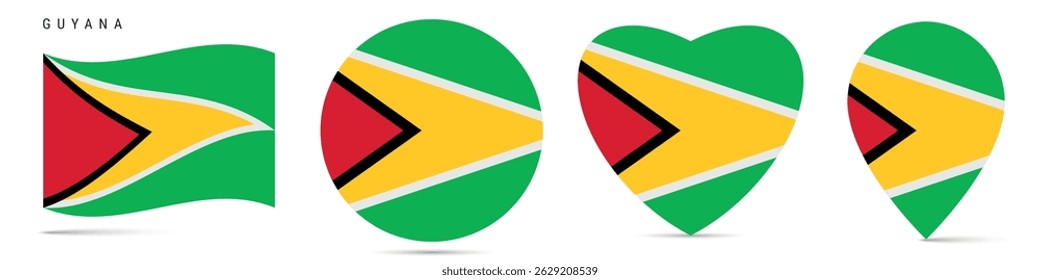 Guyana waving flag, round circle sticker badge, heart shaped icon, map pin. Guyanese flag buttons of different shapes. Vector illustration isolated on white.