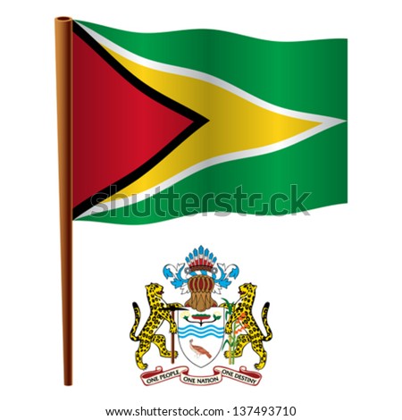 guyana wavy flag and coat of arms against white background, vector art illustration, image contains transparency