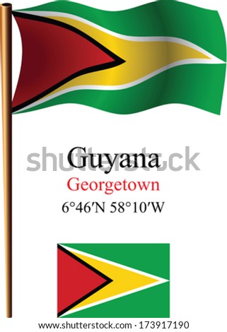 guyana wavy flag and coordinates against white background, vector art illustration, image contains transparency