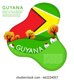Guyana : World Flag in paper cut shapes with trees and mountains in the layers : Vector Illustration