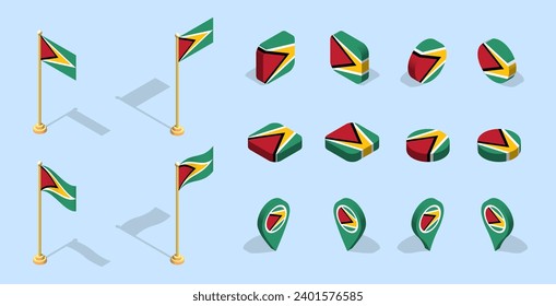 Guyanese flag (Co-operative Republic of Guyana). 3D isometric flag set icon. Editable vector for banner, poster, presentation, infographic, website, apps, maps, and other uses. svg